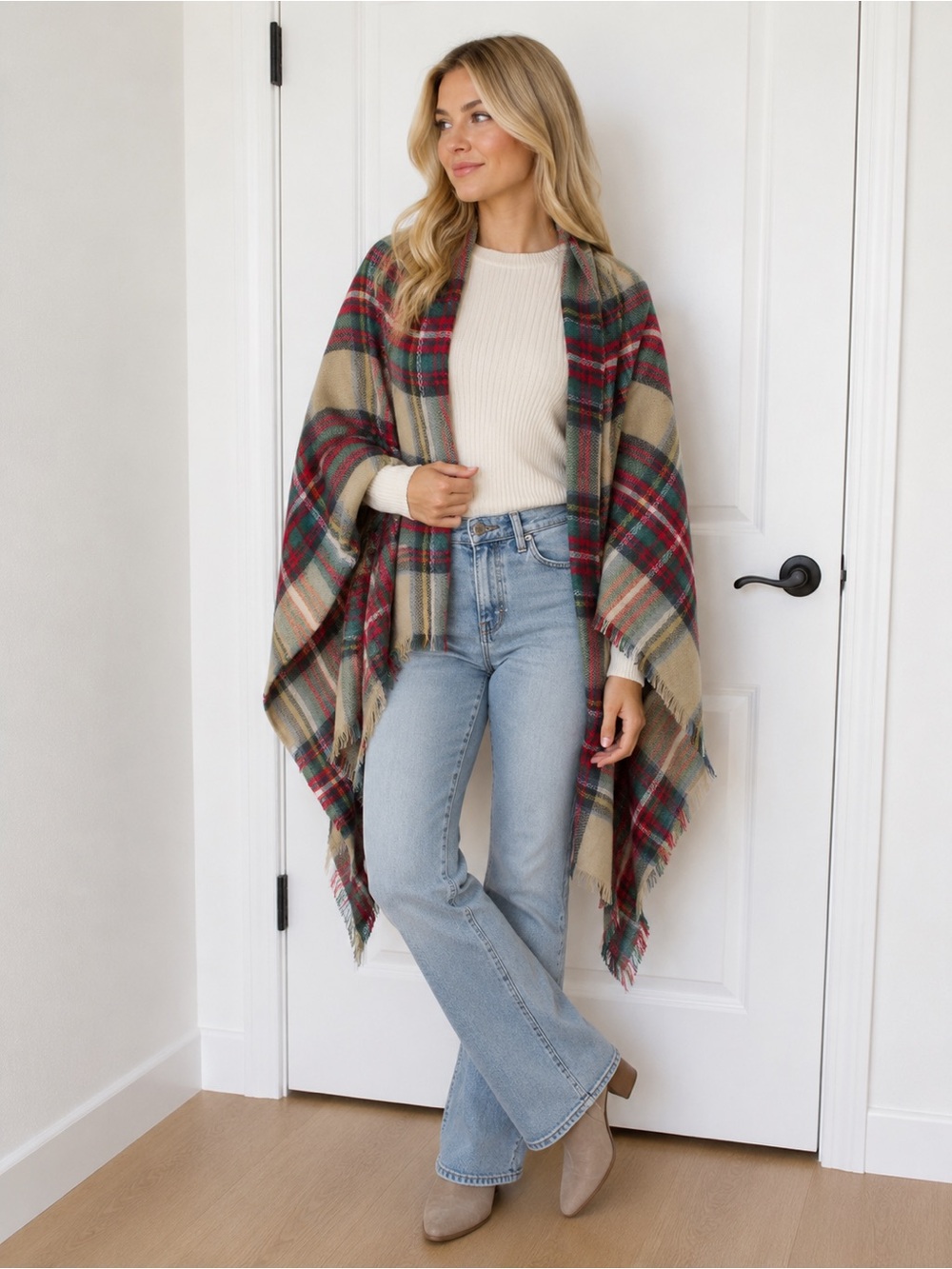 Plaid Fringe Wrap in Beige, Red & Green